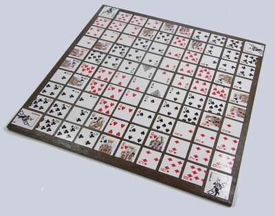 One Eyed Jack Game Board. Diamond layout.  2 ft. x 2 ft. includes cards, chips, and bag.  Everything needed to play upon arrival. Free - image1